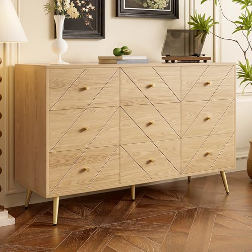 FammyLoft Sideboard Wohnzimmer mit 9-Schubladen, Buffetschrank mit Eisenbeinen, Modern Wohnzimmerschrank für Esszimmer & Flur, Eleganten Geometrischen Mustern und Praktischen Knöpfen, Holzfarbe
