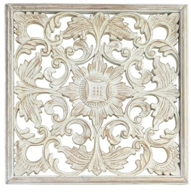 Oriental Galerie Wandbild Ornament Shabby Chic Symbol Mandala Relief Deko Holz Schnitzerei Weiß Antik ca. 44 x 44 cm