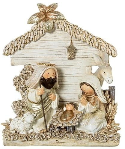 DRW Misterio Nacimiento Belen con Portal de Resina Blanco y Beige 17x14x5 cm