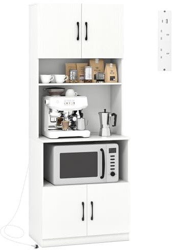 COSTWAY 168cm Tall Kitchen Cupboard, 4-Door Buffet Pantry Storage Cabinet with Built-in Power Outlet, 2 Adjustable Shelves & Anti-tipping Device, Modern Sideboard Unit (3 Open Shelves)