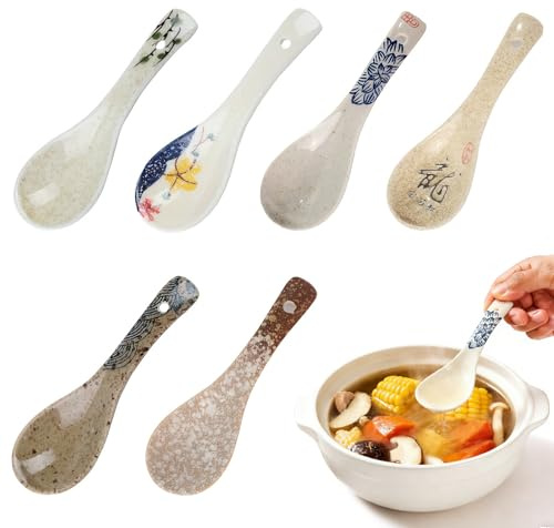 6 Stück Keramik Suppenlöffel, 14 cm Teelöffel Retro Ramen Löffel, Asiatische Chinesische Löffel Mit Muster, Japanische Ramen Löffel, Porzellan Löffel Suppe für Suppe Dumplings Pho Wonton Miso