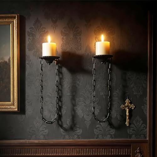 We Moment Zone 2 Stück Kerzenhalter Wand Vintage,Hängende Metall Wandkerzenhalter für Wanddeko Schwarz Gothic Retro Ketten Metall Wandhalterung Kerzenständer Deko
