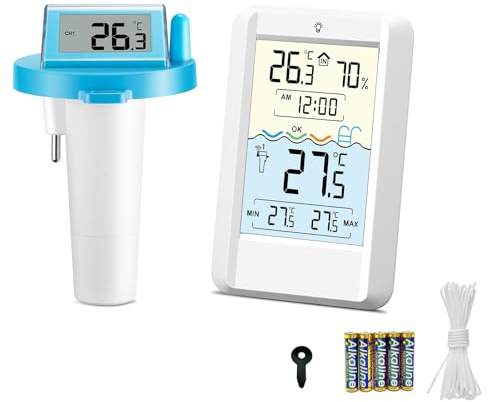 Poolthermometer Funk Digital, Solar & Akku Betrieb mit LCD-Anzeige, IP68 Wasserdicht, Reichweite bis zu 70 m, Schwimmend Wasserthermometer Energiespar, Funk Pool Thermometer für Schwimmbad, Badewanne