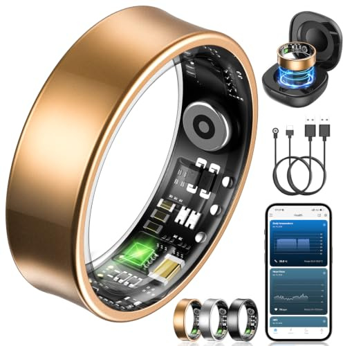 NAIXUES Smart Ring Herren Damen, Fitness Ring Tracker mit Gestensteuerung, Herzfrequenz(HRV), SpO2, Schlaftracker, 170+ Sportmodi 5ATM Wasserdicht Smartring für Android und iOS, Size 10, Gold