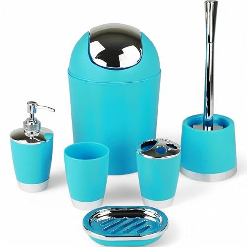 6tlg Badset Badezimmer Zubehör Set Organizer: Seifenspender, Zahnputzbecher, Kosmetikeimer, WC Bürste und Halter, Seifenschale, Mülleimer, Zahnbürstenhalter, Badgarnitur (Türkis Design 1)