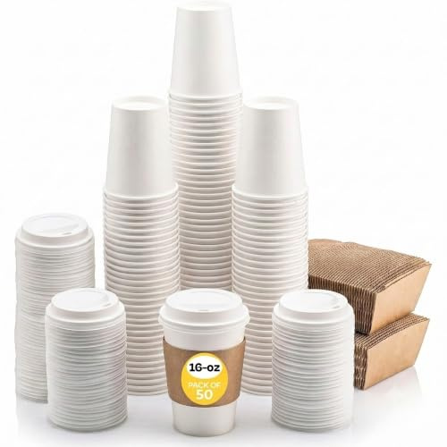 White Paper Cups for Hot Drinks | Coffee Cups with White Thru Lids and Sleeves 16oz (455ml) (50)