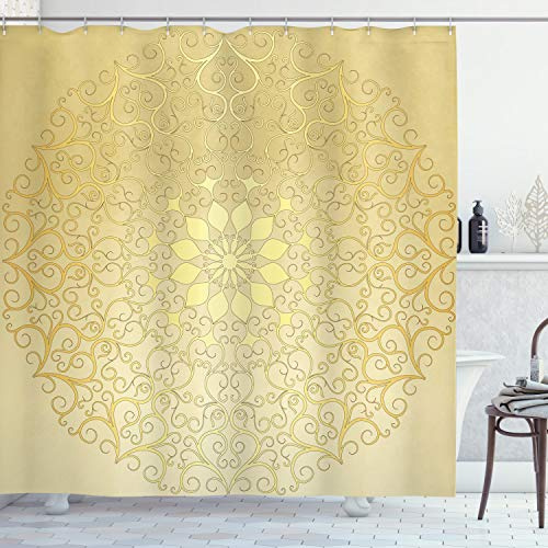 ABAKUHAUS Mandala Duschvorhang, Antique Herz, Stoffliches Gewebe Badezimmerdekorationsset mit Haken, 175 x 200 cm, Hellgelb Gelb