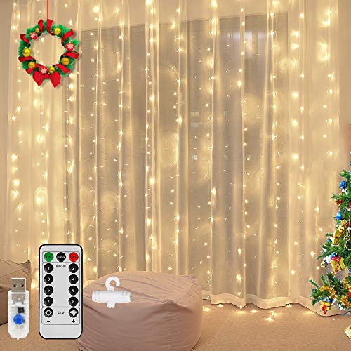 Guirlande Lumineuse Rideau, Vegena Rideau Lumineux 300 LED 3m*3m USB 8 Modes d'Eclairage avec Crochets Télécommande Decoration pour Noël, Mariage, Anniversaire, Fenêtre, Maison, Patio, Blanc Chaud