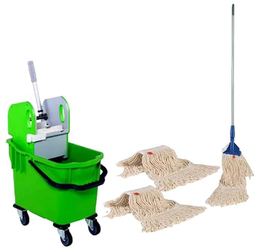 Complete 25l Mop and Bucket Set by Bayersan- Full Floor Cleaning Bucket & Cleaning Bundle Kit For Household & Commercial Use - 3 X Squeeze Mop Heads (Dark Green)