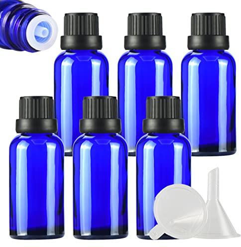 ZEOABSY 6 Stück Leer 30ml Braunglas Flasche mit Tropfmontur Originalitätsverschluss, Tropfflasche Blau mit Schwarz Schraubverschluss Glasflaschen für Ätherisches Öle Essenzen Aromatherapie