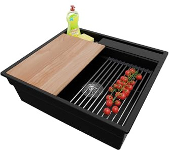 PRIMAGRAN Spülbecken ab 60er Unterschrank + Ablauf-Set, 58x53cm | Set: Ablauf-Set (Siphon, Ablaufgarnitur, Überlauf) + Granitspüle 1 Becken - Oslo Pocket, Schwarz