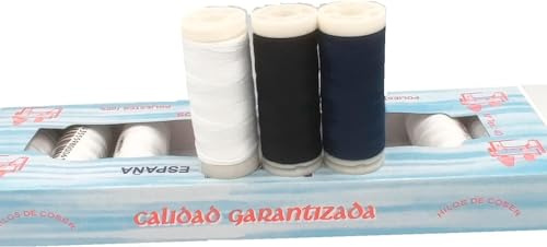 Hilo de coser coselotodo de poliéster, bobinas de muchos colores, para Costura a mano o a máquina, Bobinas de 100 m, Fabricado en España, elige color (blanco+negro+azul marino)