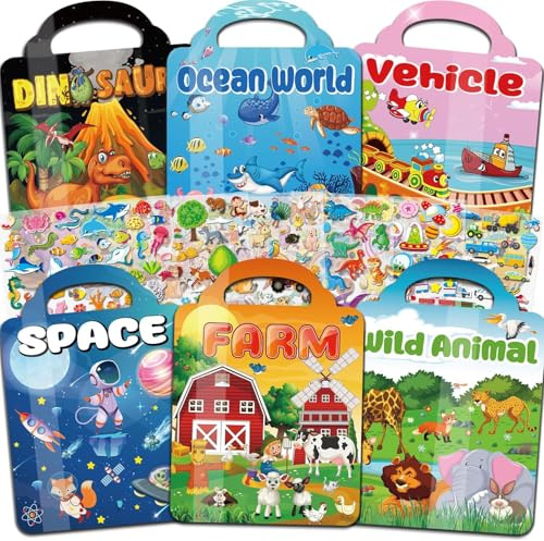 Kalysky 6 Pack Reusable Sticker Book for Kids 2 3 4 Year Olds, 300+ 3D Puffy Sticker Books for Toddlers, Stickers Activity Pack Learning Toy Birthday Gifts for Boys Girls