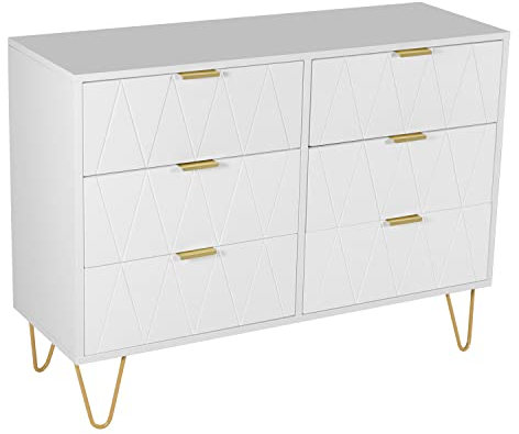 UEV Cassettiera Bianca 6 Cassetti, Comò in Legno Ingegnerizzato, Mobile Cassettiera Salvaspazio per Camera da Letto, Soggiorno, 100 x 34 x 73cm, Bianco