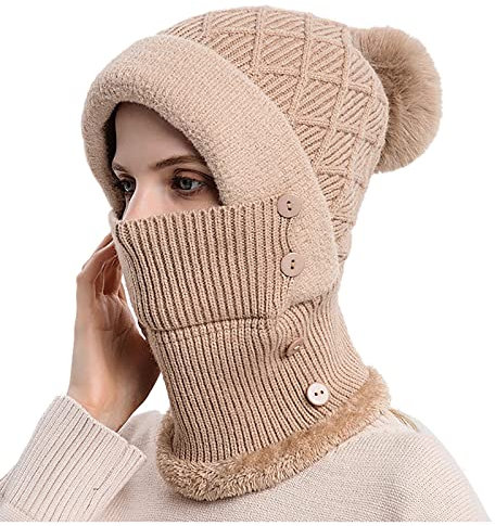 AMhomely Sturmhaube für Herren, Motorrad-Strickmütze mit Ohrenklappen, Wintermütze mit Kunstfell-Bommel, winddicht, warm, Freizeitmütze, Thermo-Nackenwärmer, Gesichtsabdeckung für Outdoor, Radfahren,