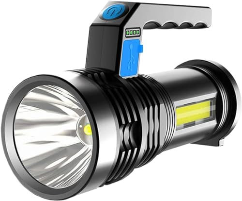 ARTSZY Torcia elettrica in standby ultra lunga Illuminazione a LED Lunga 500 m - Potente faretto portatile ricaricabile tramite USB Torcia portatile Luce laterale Faro da campeggio come Power Bank e a