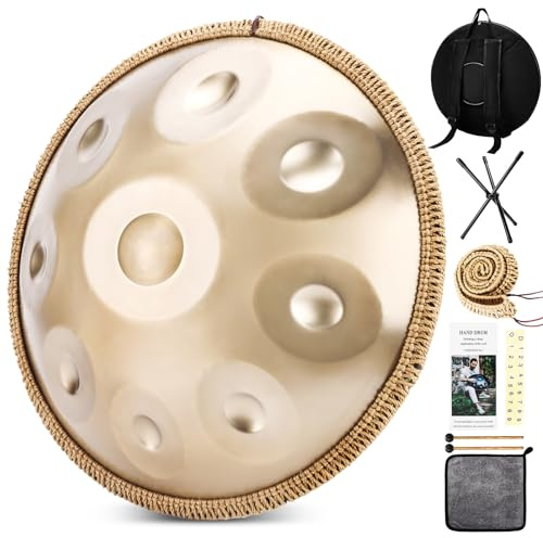 BIILOYY Handpan 9 Tons 22 Pouces Steel Tongue Drum, 440HZ Handpan Ré Mineur Professionnel Handpan Instrument, Tambour TréPied, Sac Souple, Baguettes, Pour La Percussion Harmonique, GuéRison Du Son