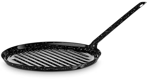 briebe Grill à induction à rayures en acier émaillé - 24 cm - Poêle ronde - Convient pour plaque vitrocéramique, feu, gaz, four - Levant noir chiné