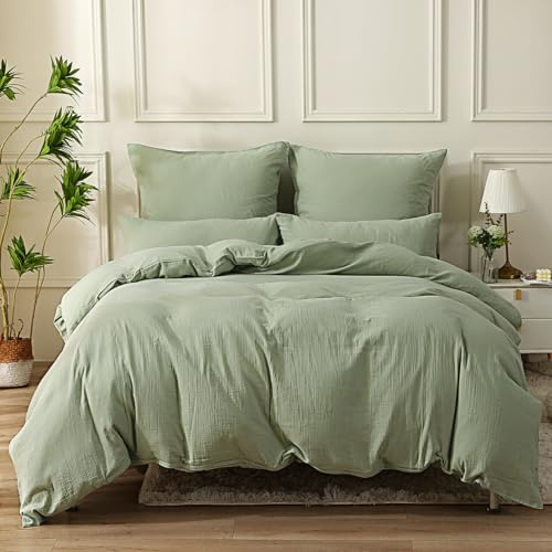 SOULFUL Housse de Couette 240x260 Gaze de Coton - Vert Réglisse | Parure de Lit 2 Personnes avec 2 Taies d'oreiller 65x65 cm - Certifié Oeko-TEX - Fermeture Éclair - Confortable et Respirable