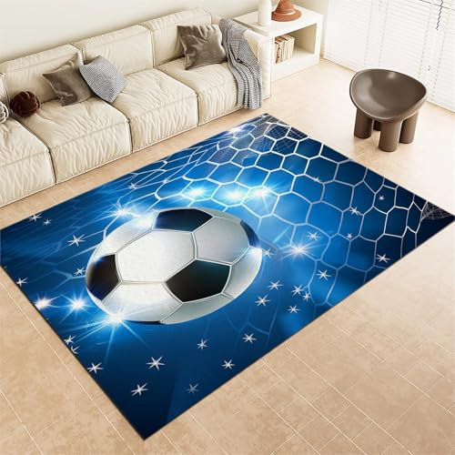 Teppich Kinderzimmer 80x150cm Antirutsch Rechteck Teppich für Wohnzimmer und Schlafzimmer, Sport-FußBall-Tor-Moment Waschmaschinenfest, Flanell Kurzflor Eingangsmatte Blau