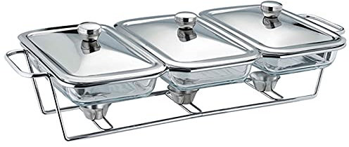Buffet Chafing Dish Alcohol Stove - 3 Sink Stainless Steel Server for Food Freshness Warmer with Glass Trays | Catering Party Wedding Essential