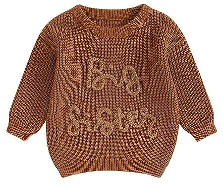 Pull en tricot pour bébé fille automne hiver pull tricoté Lil/Big Sister Pull sœur Matching Pullover tenues manches longues col rond lettres pull tricoté bébé tricot, Marron-B, 2-3 ans