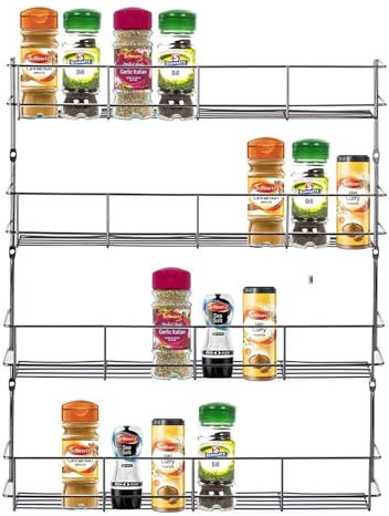 FEFE Wall Mountable Silver Metal Inside Cupboard Kitchen Cabinet Shelf Rack Organiser Tidy For Spice Herbs Jars Bottles (4 Tier)