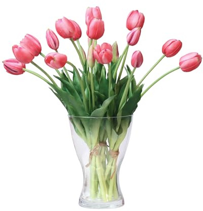 cn-Knight 20 st konstgjorda tulpanblommor, 40 cm Real Touch tulpanstjälkar med falska blad, falska tulpaner och knoppar för heminredning bordsuppsats prydnad bröllopsbukett, djup rosa