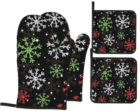 Ofenhandschuhe und Topflappen-Set, bunte Glitzer-Schneeflocke, hitzebeständig, Küchen-Backhandschuhe, rutschfeste Oberfläche zum Kochen, Backen, Grillen, Grillen