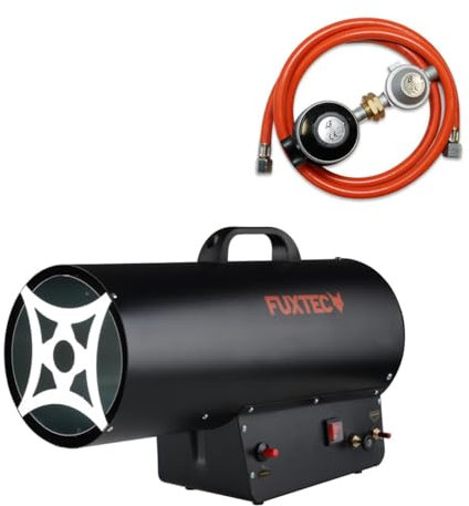 Generador aire caliente FUXTEC GH51 cañón gas con adaptador bombonas ESPAÑA, calentador, tubo conexión y reductor presión, potencia térmica 50 kW, flujo aire 650 m³/h.