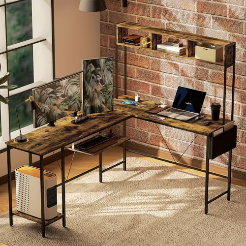 HOMCOM 160 cm Reversible L Shaped Desk with Power Outlet, Industrial, with Storage Shelves and Keyboard Tray, 240 cm Long for 2 Person, Rustic Brown