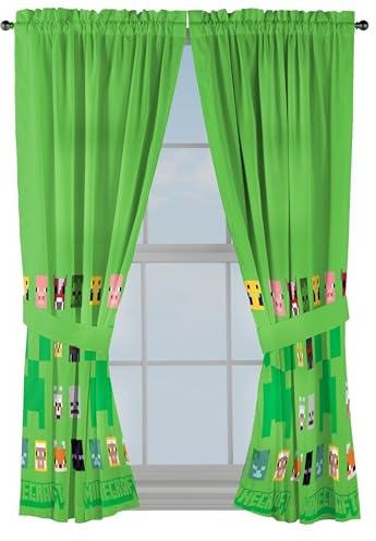 Sunny Side Up Window Curtains for Kids Bedroom 4-Piece Drape Set with 2 Tiebacks, Green - Minecraft, 42 W x 63 L (Pack of 2)