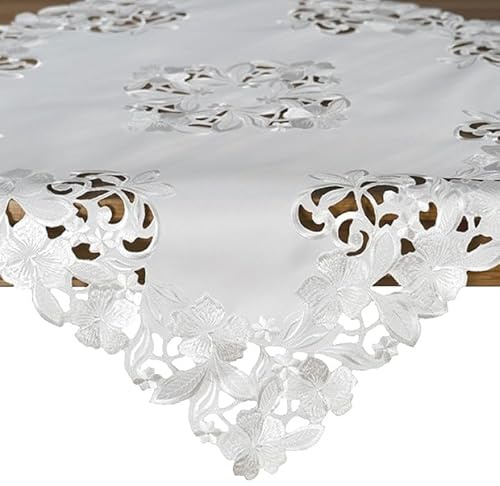 Tischdecke Mitteldecke Stickerei Blüten 85x85cm Ecru wollweiß | leicht glänzend, dekorativ