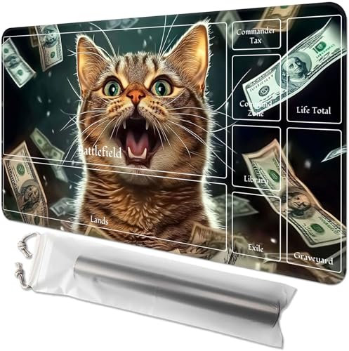 for MTG Playmat with Zones – 24 x 14 TCG Card & Board Game Mat, Smooth Surface, Non-Slip Base, Includes Free Storage Bag, Doubles as Desk Mousepad, Excited Cat