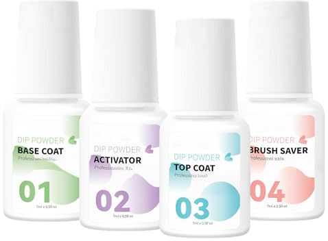 Dip Powder Nail Liquid Kit with Base Coat Activator Top Coat and Brush Saver Set, No UV/Light Needed for Quick Drying, Long Lasting High Gloss Finish for 2-3 Weeks, Healthy Low Odor Formula(7ML*4)