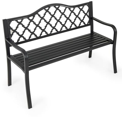 RELAX4LIFE Panchina da Esterno a 2-3 Posti, Panchina da Giardino a Doghe in Metallo con Schienale Design Traforato e Braccioli Curvati, Panca per Cortile/Parco, Max 300 kg, 128x54x89cm (Modello 19)