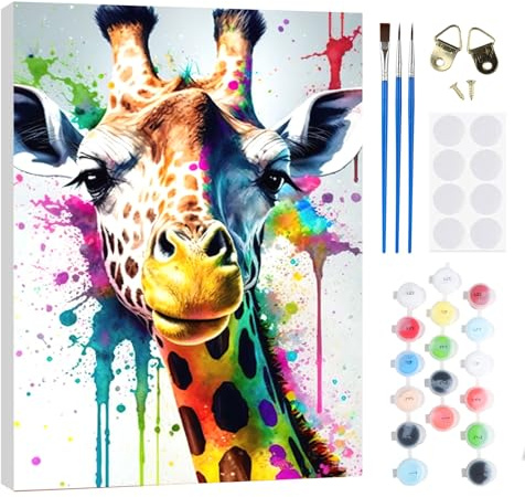 RICUVED Jirafa Colorido Pintura por Números 20x30cm para Adultos y Niños con Marco de Madera -Animal Kit Completo con Pinceles, Pinturas y Lienzo para Decoración de Pared y Regalo Creativo