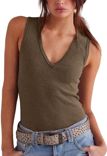 Sukiglam Camiseta Sin Mangas Mujer Verano Costilla de Punto Camisetas con Cuello V Sexy Tank Top Elásticas Slim Fit Camisole Casual Sólido Ajustado Shirt Elegantes Suave Blusas de Oficina