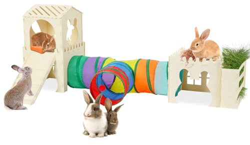 Extra großes Kaninchenversteck aus Holz Hasenschloss mit Tunnel und Treppe, Hasenhaus-Turm mit Heufutterstation, stabiler Lebensraum für Meerschweinchen, Chinchilla, Frettchen, Hamster