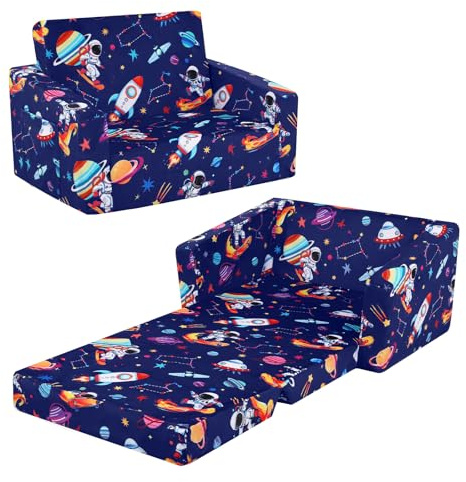 Decalsweet Kids Sofa Bed,2-in-1 Flip Out Kids Couch,Folding Toddler Chair with Pocket,Convertible Chair to Lounger,Birthday Gift for Children Boys,Astronaut
