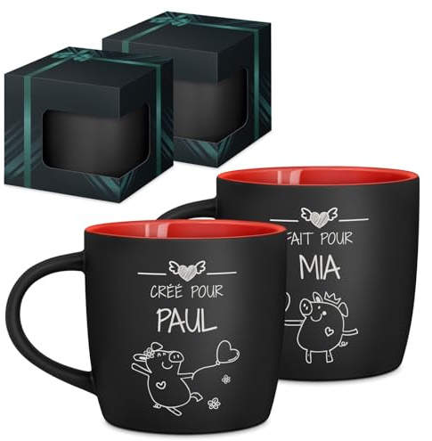 Maverton 2x Tasse Personnalisable, Set 2x Mug personnalisé | Cadeau Personnalisé Anniversaire Mariage, Couple Couple Saint Valentin, Tasse a cafe rouge avec prénom, amoureux