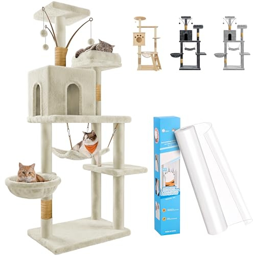 JUPPLIES Árbol Rascador para Gatos 143 cm – Torre de Actividades con 5 Plataformas, 3 Nidos, 1 Casa y Hamaca, Postes de Sisal y Base Estable 60 × 40 cm – Castillo Beige + Protector 20x300cm