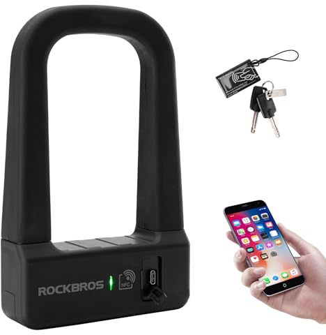 ROCKBROS Lucchetto a U per Bicicletta con NFC, Lucchetto di Sicurezza per Bici Ricaricabile e Antifurto, U-lock per MTB, Bici Pieghevole, Scooter, Monopattini Elettrico