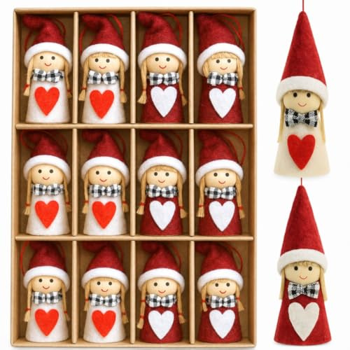 MIJOMA Set med 12 jultomtar – handgjorda träddekorationer av trä och tyg – dekorativa tomtar för gran adventskrans, presentetiketter (tomteflicka med hjärta)