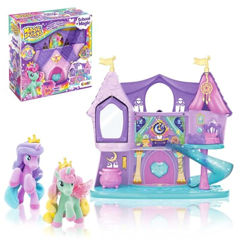 MAGIC PONYS Magiska lekset – Stor Leksaksslott med 2 exklusiva ponnyer och ljuseffekt, enhörning för flicka, 3+ år, bra presentidé