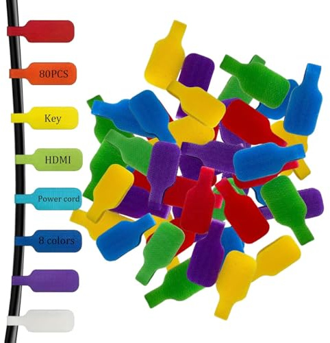 80 stycken kabeletiketter, 8 färger kabelmärkning nylon kabelatiketter, återanvändbara kabelmärkningsklämma med kardborreband, kabelmärkning för hem, kontor och verkstad