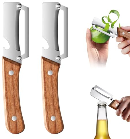 Pelador de verduras multifunción 2 en 1 para cocina con hoja de acero inoxidable ultraafilada y mango de madera ergonómico: pelar patatas, manzanas, zanahorias y abrir botellas de vino sin esfuerzo