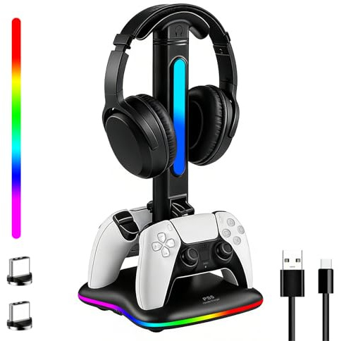 JDGPOKOO PS5 Controller Charger with RGB Headphone Stand, PS5 Controller Charging Station with 2 USB Port, Headset and Controllers Stand Holder for PlayStation 5, Gaming Gifts for Gamers Men