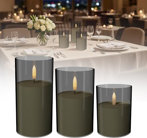 YRHome 3tlg.LED Kerzen Flammenlose Kerzen Mit Timer Funktion Flammenkerzen LED Stumpenkerzen für Haus, Hochzeit, Weihnachts,stilvolle,Heim deko - Mattes Grau