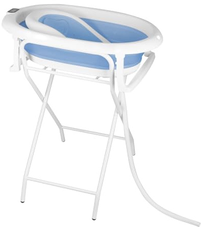 OHMG Vikbart babybadkar på fot, stort XXL-badkar med stativ, termometer 2,0, sits och dräneringssats, babypool, perfekt för dusch, från födsel till 3 år, babygåva